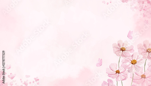 pink watercolor background with watercolor flowers and  butterfly, PNG