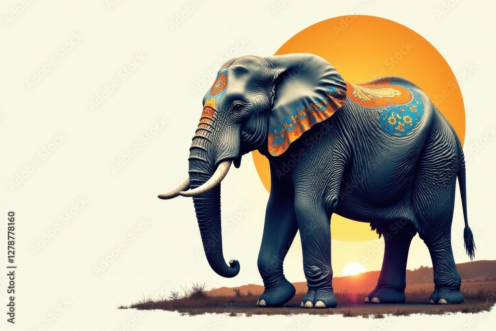 Fototapeta premium Ornate Elephant Silhouette at Sunset, Majestic Beast Adorned with Vibrant Textile