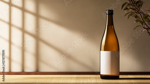 Premium Sake Bottle Mockup on Wooden Surface in Soft Lighting