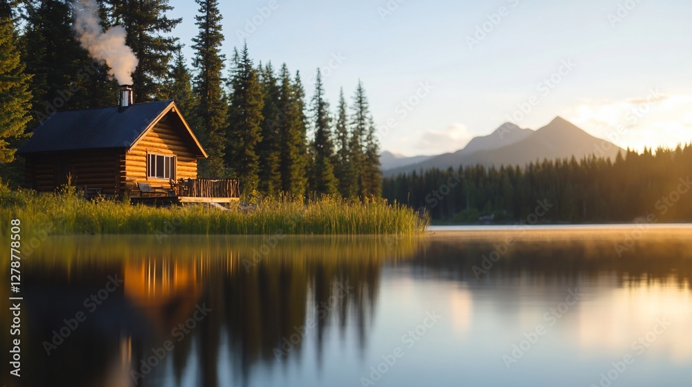 Obraz premium Rustic Cabin Lakeside Sunrise Reflection