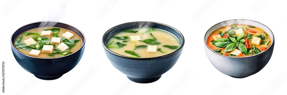 Three Bowls of Delicious Soup with Fresh Ingredients and Steam Three Bowls of Delicious Soup with Fresh Ingredients and Steam