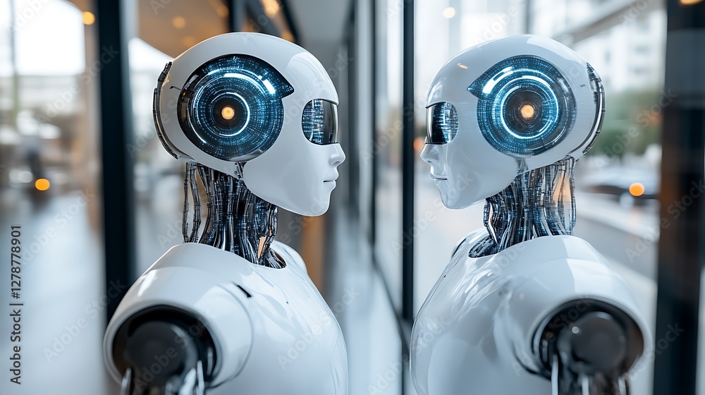 Fototapeta premium Two humanoid robots with illuminated eyes facing each other in a futuristic setting
