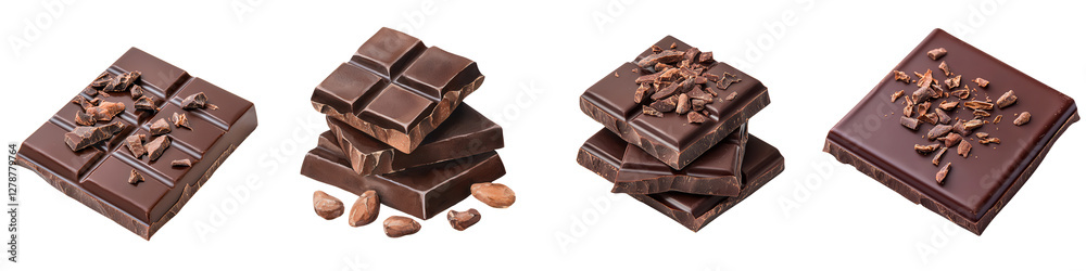Assorted Dark Chocolate Bars and Cacao Nibs on Plain Background Assorted Dark Chocolate Bars and Cacao Nibs on Plain Background