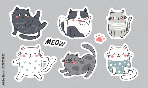 Set of stickers with cute cats in different poses with different emotions. Flat minimalist vector illustration with animals.