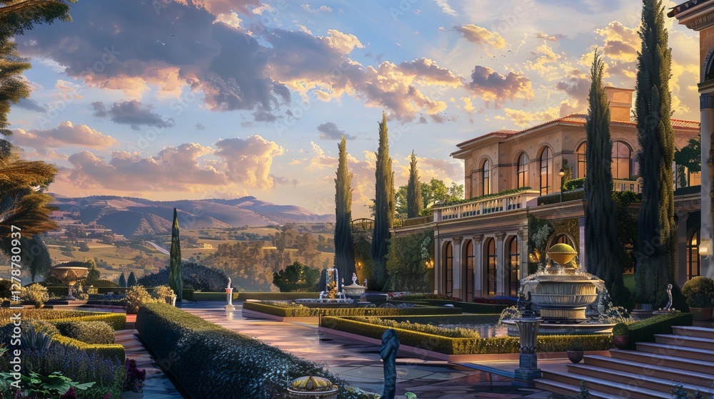 Obraz premium Stunning luxurious mansion with beautifully manicured gardens under a vibrant sunset sky.