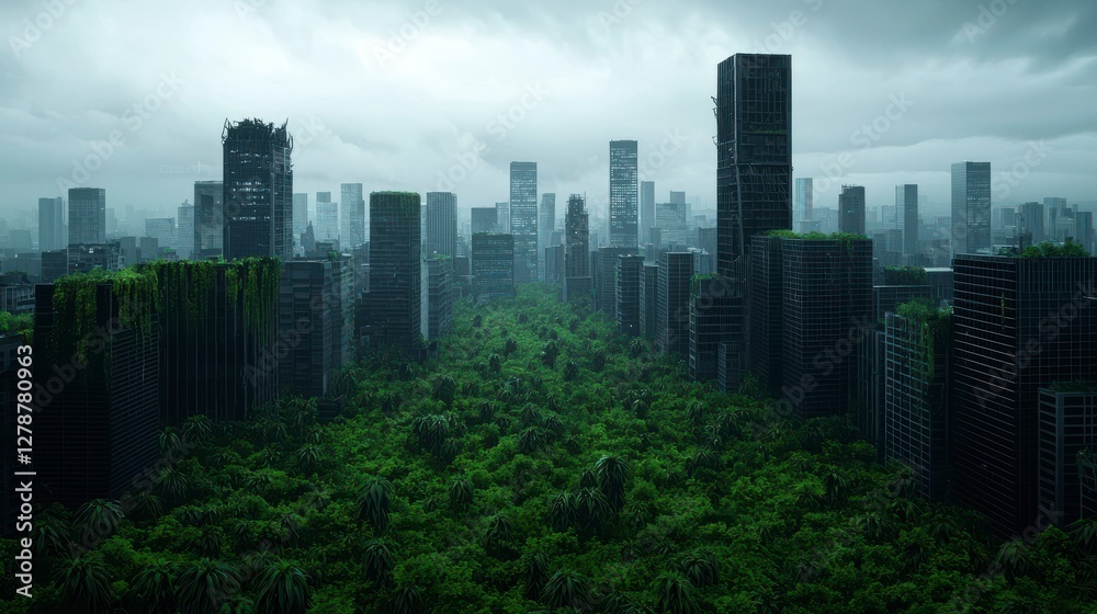 Obraz premium Futuristic City in Ruins with Plants Reclaiming Urban Landscape