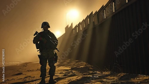Soldier patrolling along the border wall during migrant crisis with low visibility and hazy atmosphere at night