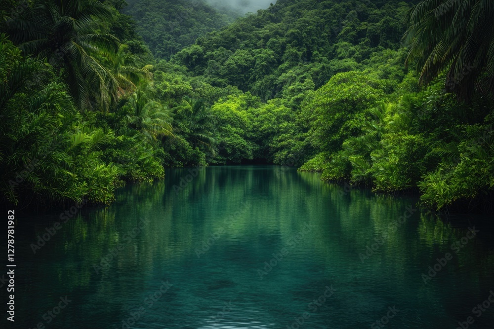 Lush greenery surrounds tranquil waters, creating serene natural Lush greenery surrounds tranquil waters, creating serene natural