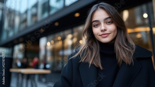 Woman smiling city street cafe background portrait