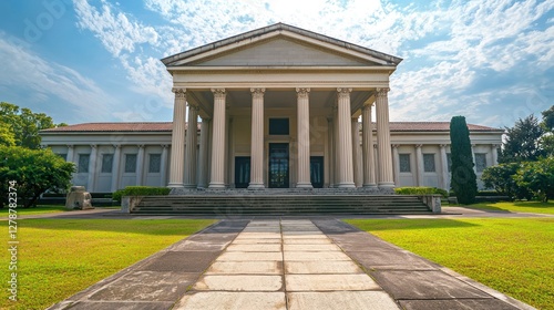 A stately neoclassical museum with symmetrical design and large columns