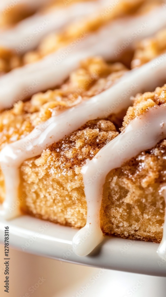 Close up view of several pieces of cinnamon crumb cake. The cakes are light tan colored and topped with a drizzle of white icing. The icing is slightly thick and has a glossy texture. The crumb Close up view of several pieces of cinnamon crumb cake. The cakes are light tan colored and topped with a drizzle of white icing. The icing is slightly thick and has a glossy texture. The crumb