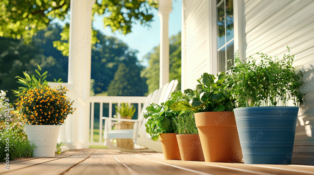 Fototapeta premium Sunny porch with handmade planters full of organic vegetables and herbs
