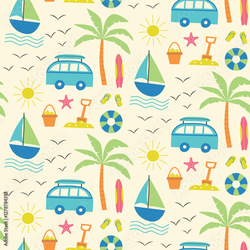 Summer beach seamless pattern featuring palm tree, bus, surfboard, boat and sun and beach tools on light background. For summer print, swimwear and beach towels