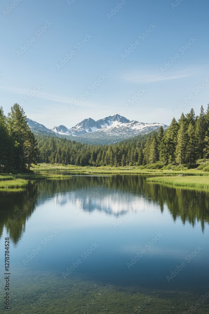 Tranquil lake reflects majestic mountains under clear blue sky, Tranquil lake reflects majestic mountains under clear blue sky,