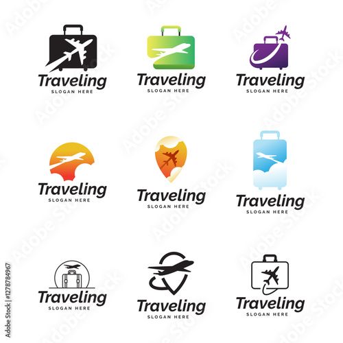 Set of Simple Suitcase Travel Logo. Travel Bag and Plane Logo For Traveling Business Company.