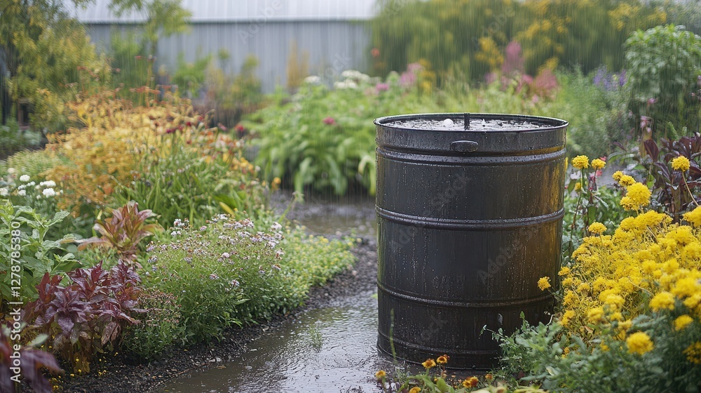 A rainwater harvesting system set up in a garden, featuring a barrel for collecting and storing rainwater. A rainwater harvesting system set up in a garden, featuring a barrel for collecting and storing rainwater.
