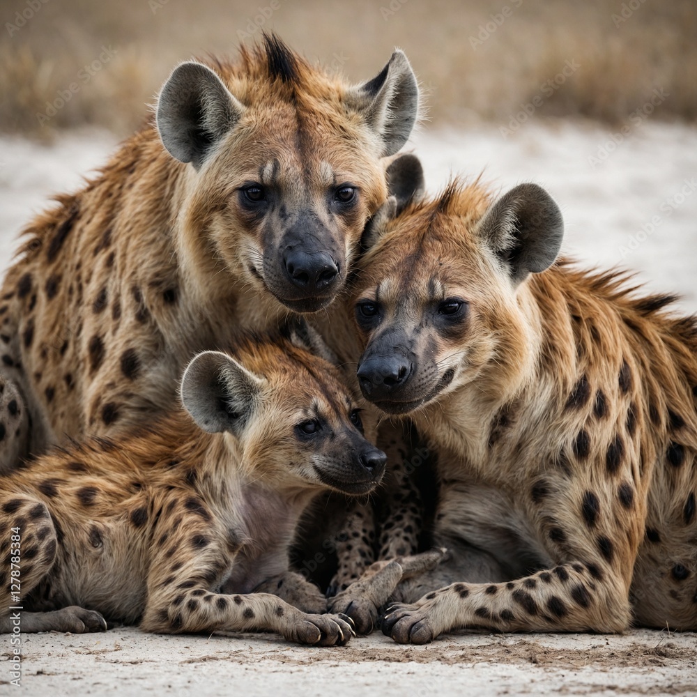 Obraz premium A mother hyena with her cubs cuddling, forming a warm scene on a pure white backdrop.