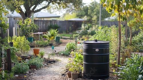 A rainwater harvesting system set up in a garden, featuring a barrel for collecting and storing rainwater. photo