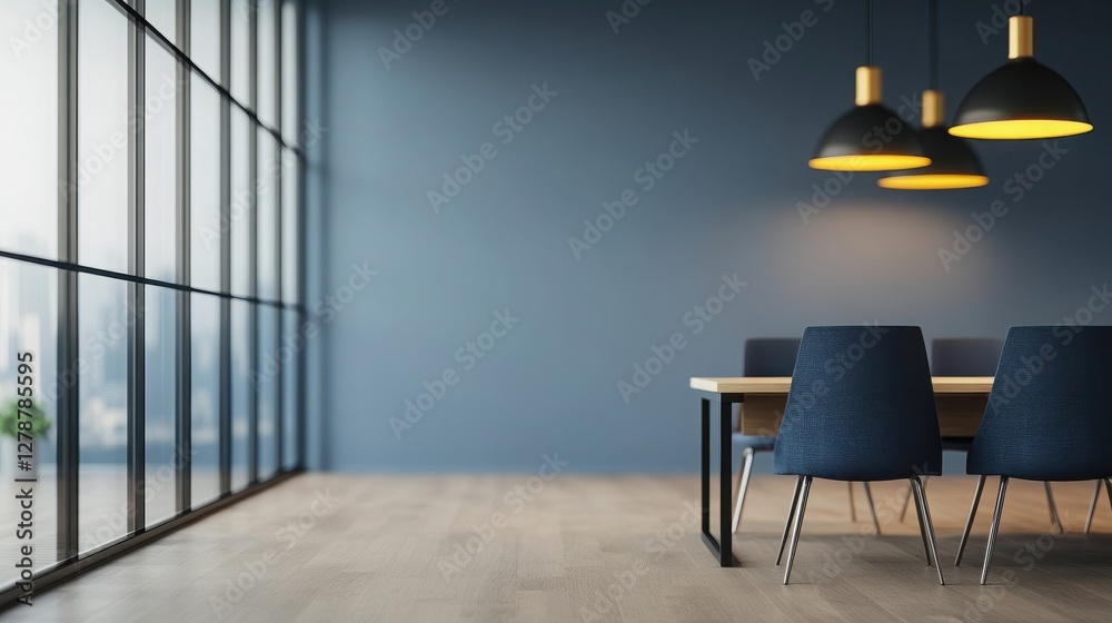 Fototapeta premium Modern interior design featuring a spacious dining area with sleek furniture and stylish lighting in a contemporary setting.