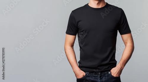 A realistic mock-up of a black T-shirt worn by a young man, featuring a blank design for presentation and advertising purposes. photo