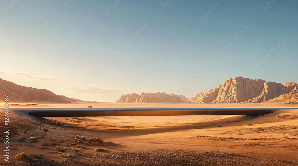 A futuristic landscape featuring a serene desert and a striking horizon. A futuristic landscape featuring a serene desert and a striking horizon.