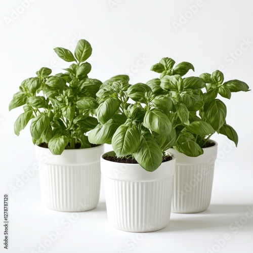 Three basil plants in white pots on a white background. Possible use For a culinary or gardening website/blog photo