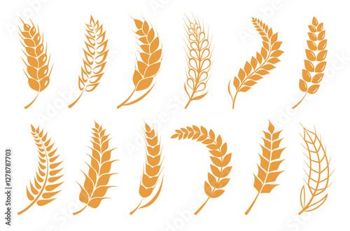 Wheat grain icons. Curved ears silhouettes. Agriculture elements. Cereal crops. Different flat shapes. Yellow seeds stylization. Rye and barley spikes. Bakery product. Splendid vector set