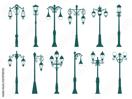 Old lanterns silhouettes. Vintage decorative street lamps. Retro lights. Town streetlights. Outdoor classic illumination. Electric lampposts. Urban landscape elements. Splendid vector set