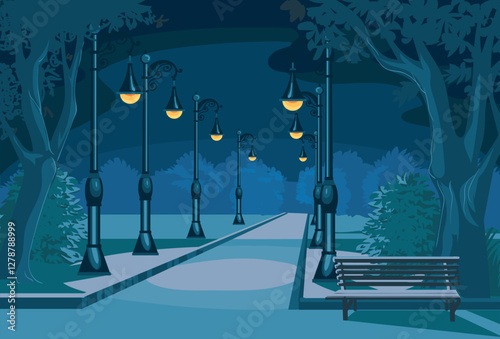 Old lanterns in city park. Vintage decorative lamps. Night urban landscape. Retro street lights. Road with streetlights. Trees and bench. Nighttime cityscape. Splendid vector concept