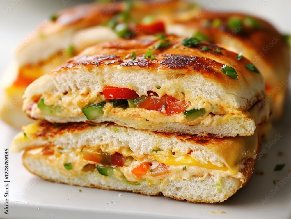 Close up view of a sliced, delicious, and colorful sandwich. The sandwich features a creamy, light orange filling, visible sliced vegetables like bell peppers and cucumbers, and a melted cheese Close up view of a sliced, delicious, and colorful sandwich. The sandwich features a creamy, light orange filling, visible sliced vegetables like bell peppers and cucumbers, and a melted cheese