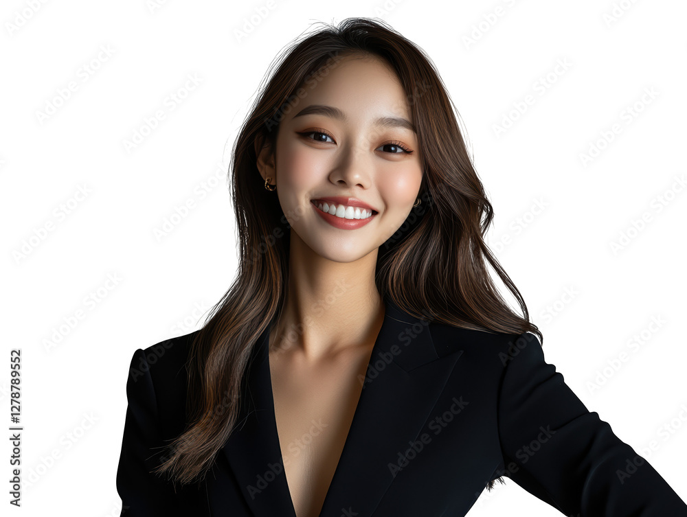 Confident woman in a sleek black suit strikes powerful pose for professional portrait. Confident woman in a sleek black suit strikes powerful pose for professional portrait.