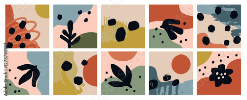 Contemporary shapes collages. Abstract spots and dots. Doodle backgrounds. Primitive casual style. Paintbrush strokes. Square cards. Modern trendy design elements. Garish vector set
