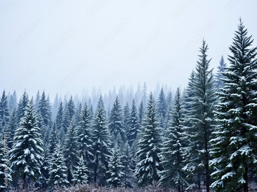 Fototapeta premium Snow gently falls in a dense evergreen forest, blanketing the trees in a layer of white as delicate snowflakes create a magical winter wonderland, landscape, winter wonderland, Christmas