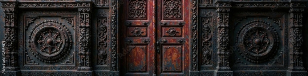 Ancient wooden door on black wood background with intricate carvings, furniture, door Ancient wooden door on black wood background with intricate carvings, furniture, door