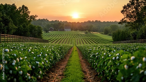 Sunset Farm Landscape Rows of Crops and Country Homes
