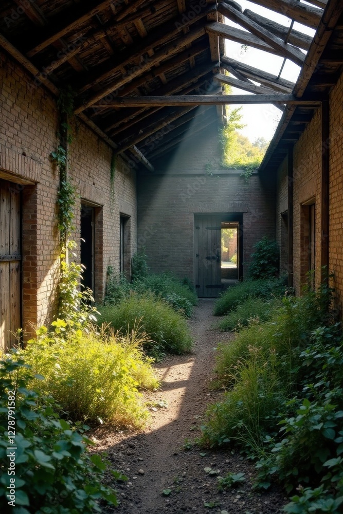 Sunlit Path Through Overgrown Brick Passageway, Revealing a Rustic Wooden Door and a Sense of Tranquility and Time's Passage Sunlit Path Through Overgrown Brick Passageway, Revealing a Rustic Wooden Door and a Sense of Tranquility and Time's Passage