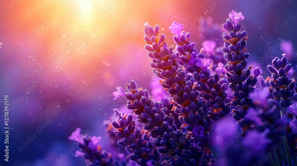 Fototapeta premium Lush bunch of lavender flowers against a bright sunlit background in nature