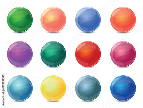 Colored glass marbles. Old kids game glossy balls. GUI app element. Multicolored spheres. Bright 3D bubbles. Geometric shiny shape. Plastic baubles. Pearl beads. Children toys vector set