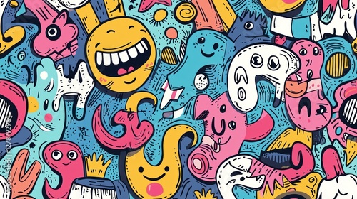 A playful cartoon-style pattern with quirky doodles