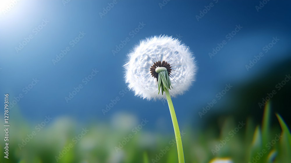 A close-up of a delicate dandelion puff gently illuminated by sunlight, capturing the intricate details of its white seeds against a serene blue background, symbolizing nature's be A close-up of a delicate dandelion puff gently illuminated by sunlight, capturing the intricate details of its white seeds against a serene blue background, symbolizing nature's be