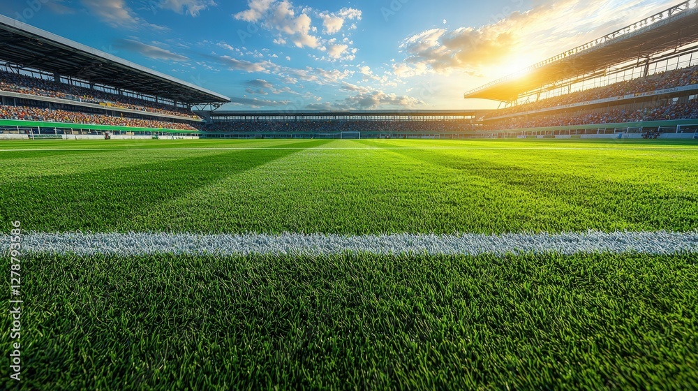Fototapeta premium Expansive soccer field under a bright blue sky with fluffy white clouds and green grass