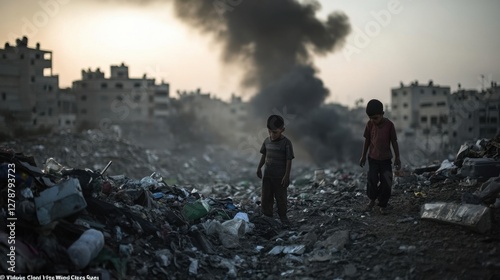 Children Walking Amidst War Debris and Smoke in Gaza Strip