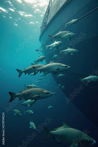A school of fish swim beneath the surface of a ship's hull, ocean creature, ship