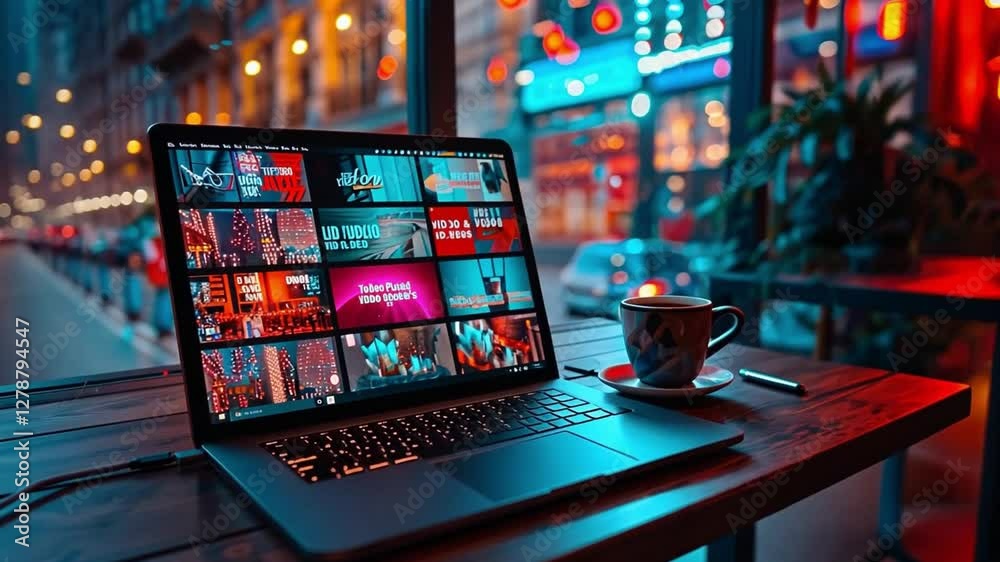 Nighttime cafe setting with a laptop displaying vibrant visual content and a steaming cup on a wooden table Nighttime cafe setting with a laptop displaying vibrant visual content and a steaming cup on a wooden table