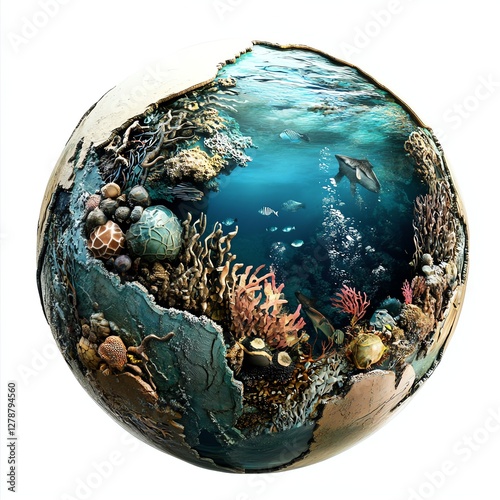 A vibrant underwater scene within a globe showcasing marine life and coral.