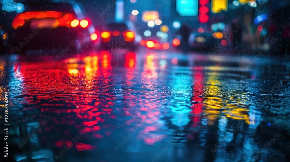 Fototapeta premium Reflection of city lights on wet pavement during a rainy night showcasing vibrant colors and a bustling urban atmosphere