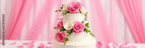 Three tier wedding cake adorned with beautiful fresh flowers on each tier, wedding, pink, floral photo