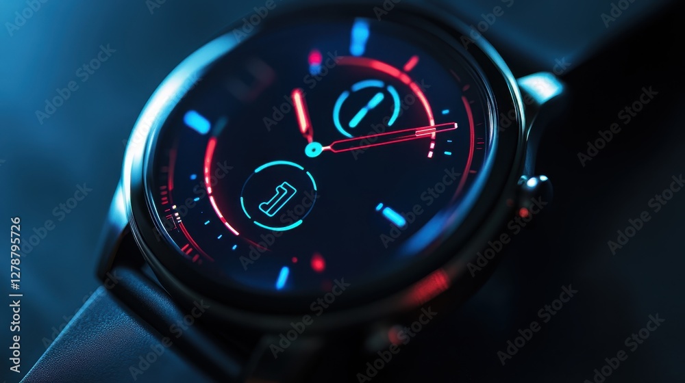 Smartwatch displays vibrant neon design in a dark setting highlighting time and features Smartwatch displays vibrant neon design in a dark setting highlighting time and features
