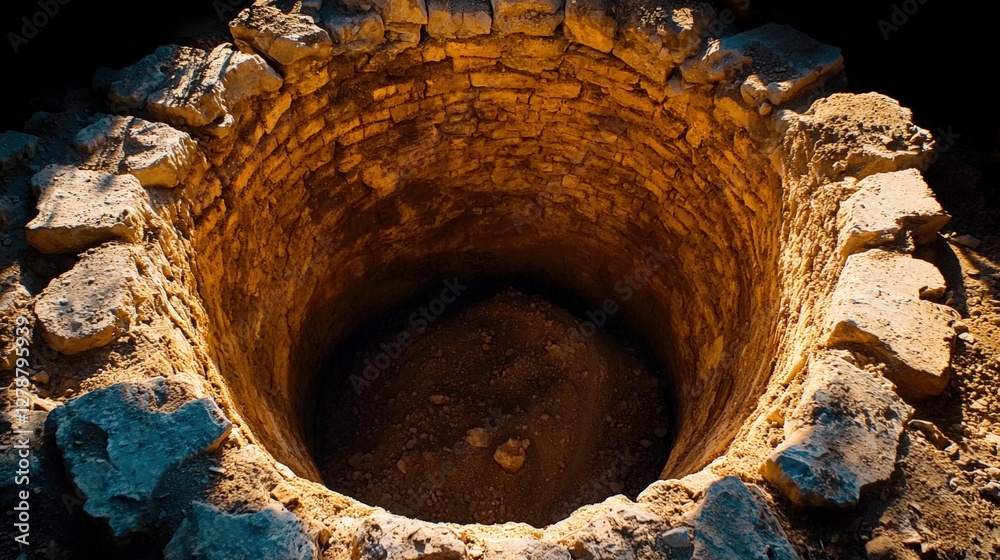 Large circular hole in the ground revealing geological layers and surrounding soil Large circular hole in the ground revealing geological layers and surrounding soil