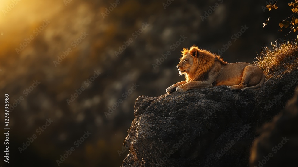 Majestic lion resting on rocky ledge during sunset in a tranquil environment Majestic lion resting on rocky ledge during sunset in a tranquil environment